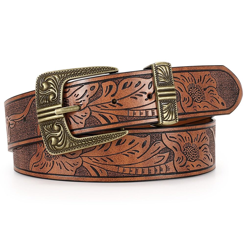 9239 Western Leather Belts For Women Men Vintage Engraved Cowboy Cowgirl Belt